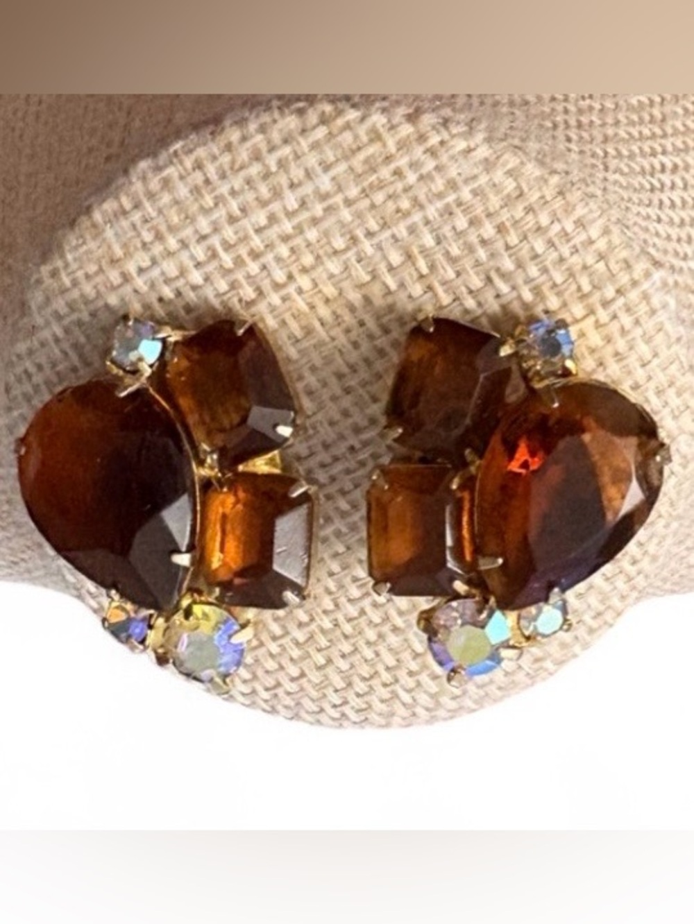Vintage 1950s Topaz Rhinestone Cluster Clip On Earrings Amber Gold Mid Century - Picture 2 of 5